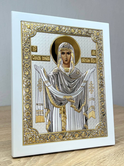 Покрова БМ, икона прямоугольная с рамкой, белое дерево 210х260