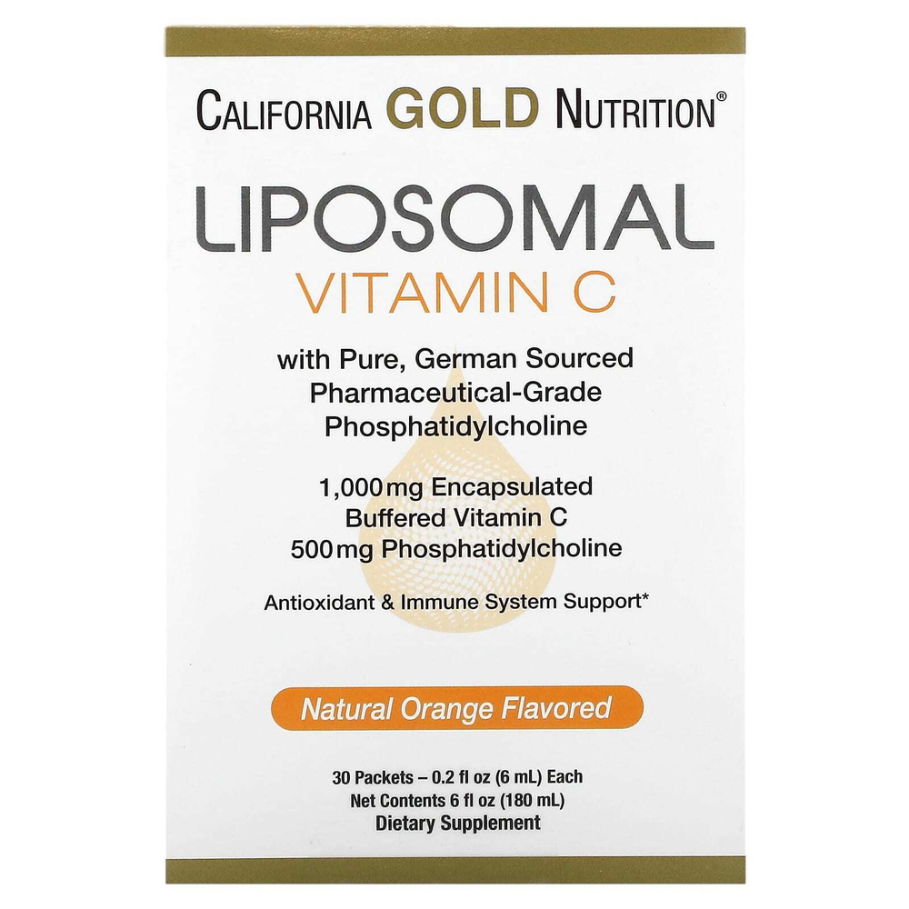 California Gold Nutrition, липосомальный витамин C, со вкусом апельсина, 1000 мг, 30 пакетиков по 6 мл (0,2 жидк. унции)