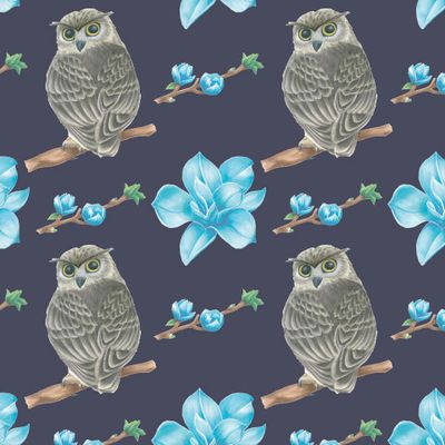 Сова и голубые магнолии на темно-синем фоне