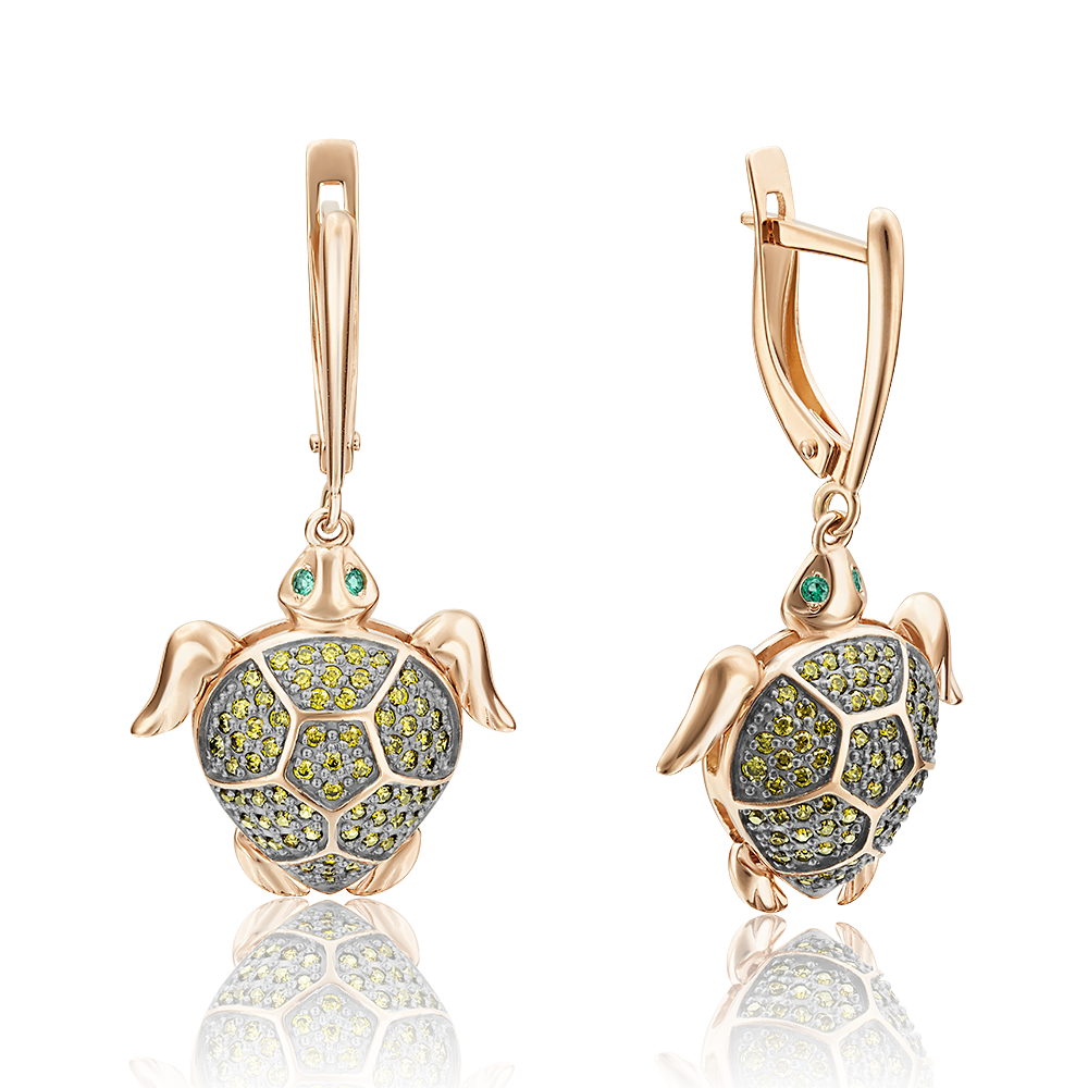 Серьги «Черепахи» с английским замком из красного золота с фианитами