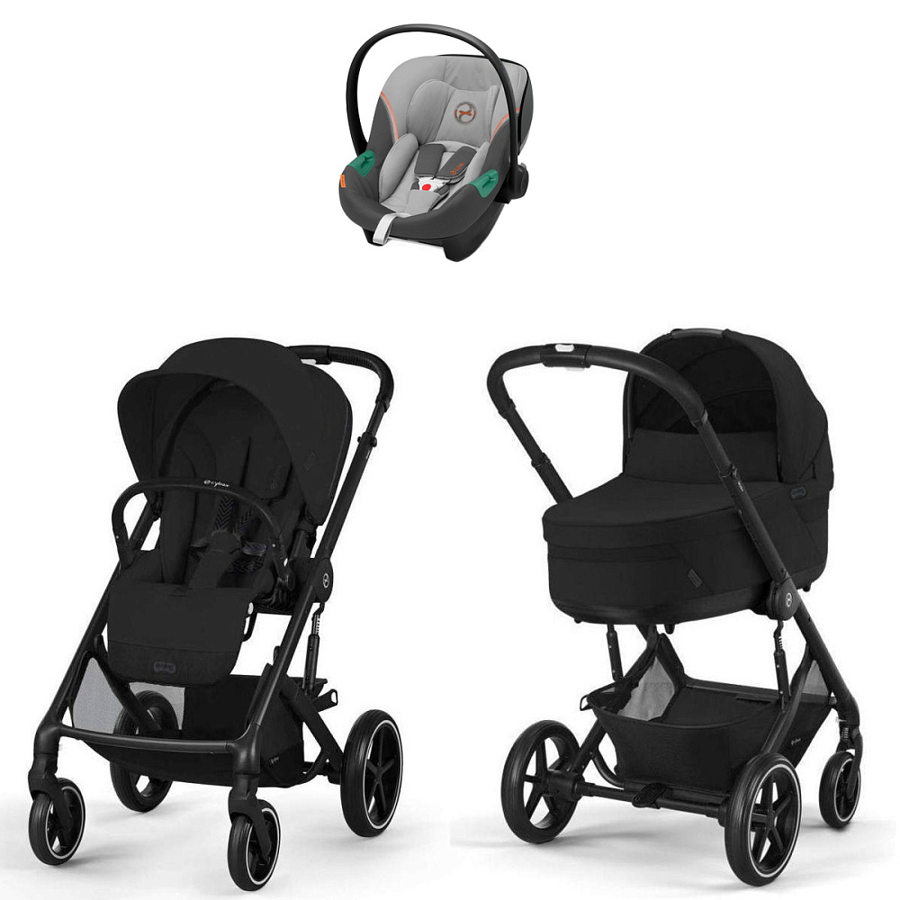 Коляска Cybex Balios S Lux BLK complete Aton S2 Lava Grey Base One 4 в 1 Moon Black с дождевиками