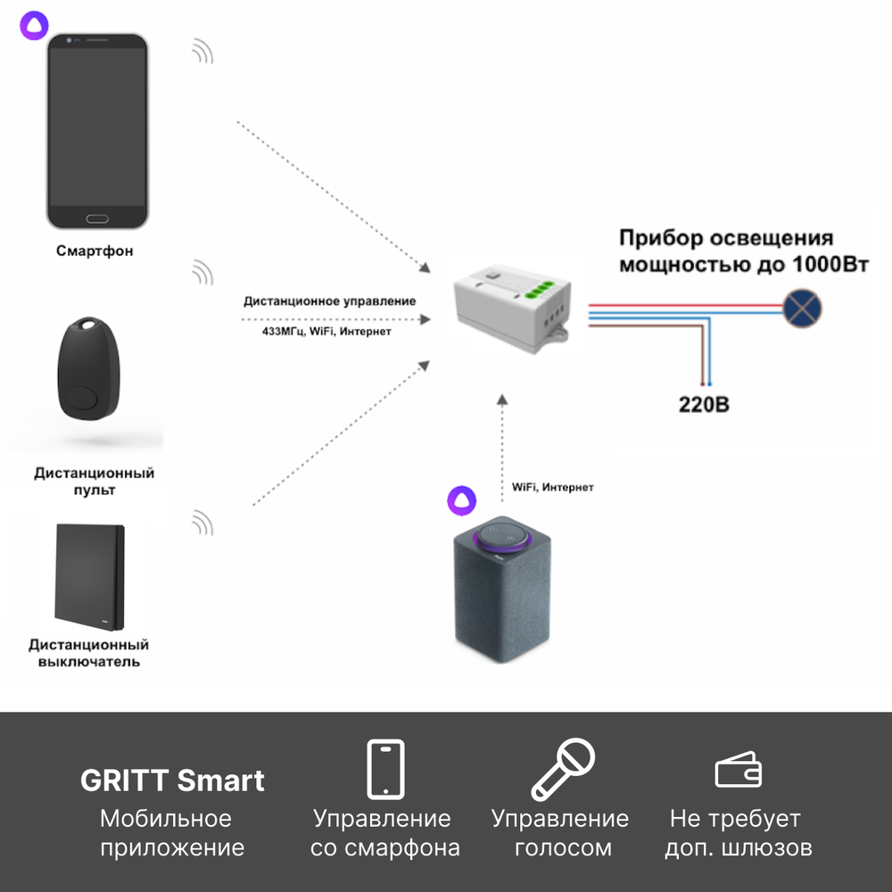 Умный беспроводной выключатель GRITT Evolution 1кл. антрацит комплект: 1 выкл. IP67, 1 реле 1000Вт 433 + WiFi с управлением со смартфона, EV221110BLWF