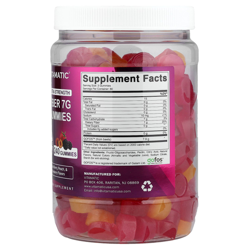 Vitamatic, жевательные мармеладки с клетчаткой, со вкусом натуральных ягод, персика и клубники, 240 жевательных таблеток