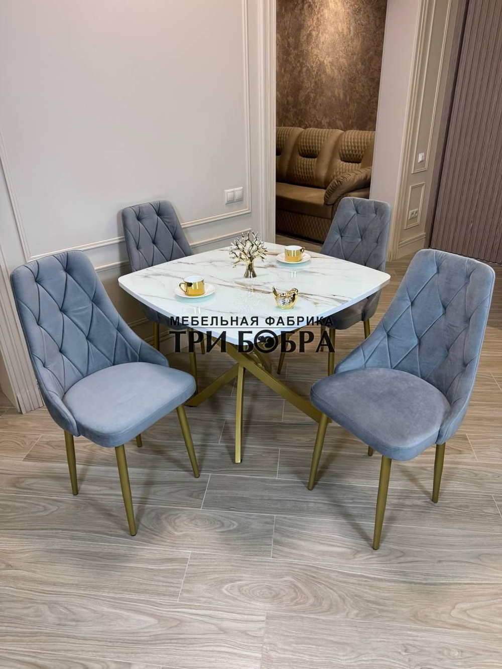 Кухонный раздвижной стол "ТАНГО" , белый мрамор и 4 стула Лондон