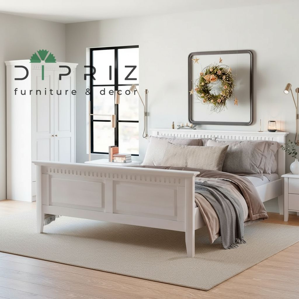 Кровать 160х200, Боцен, двуспальная, из натурального дерева, массив сосны, белый, Dipriz