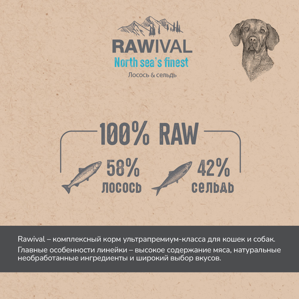 Сухой корм RAWIVAL для собак средних и крупных пород с лососем и сельдью - 2,5 кг