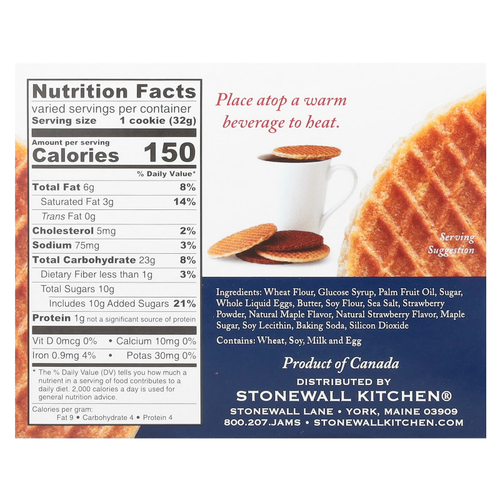 Stonewall Kitchen, вафельное печенье, клубничное печенье, 8 шт. голландского вафельного печенья по 32 г (1,1 унции)