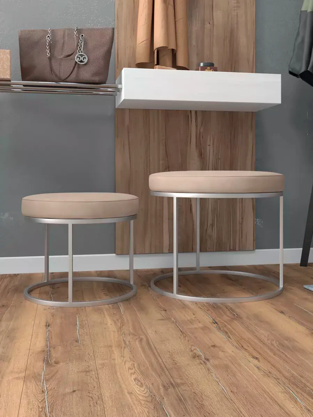 Комплект круглых банкеток - СБЕЖ - бежевое на серебрянном