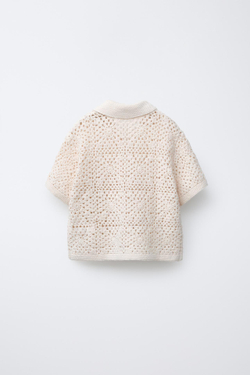 ZARA ТРИКОТАЖНАЯ РУБАШКА ИЗ КРУЖЕВА КРОШЕ, ЭКРЮ