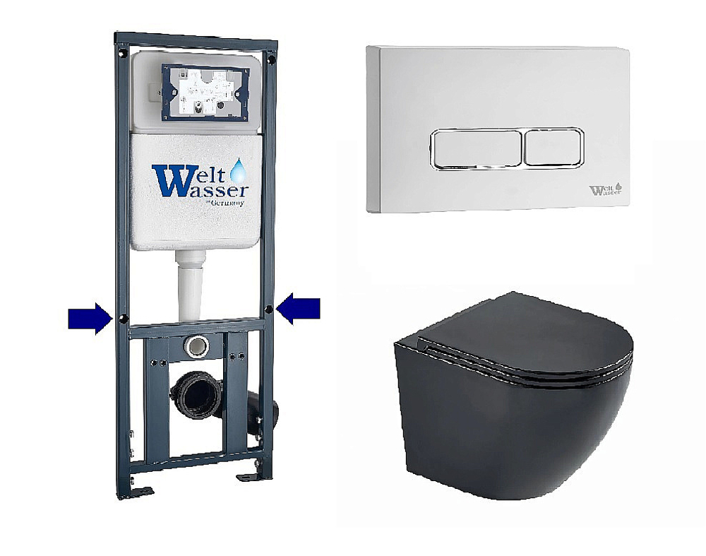 Унитаз подвесной WeltWasser WW MERZBACH 10000014144 с крышкой микролифт, безободковый, смыв торнадо, в комплекте с инсталяцией, черный матовый