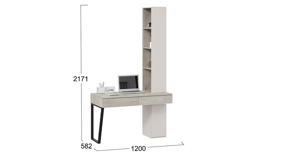 Стол письменный угловой с ящиками и шкафом Кашемир матовый/Баттл Рок/Кашемир сатин 58,2х120х217,1 см