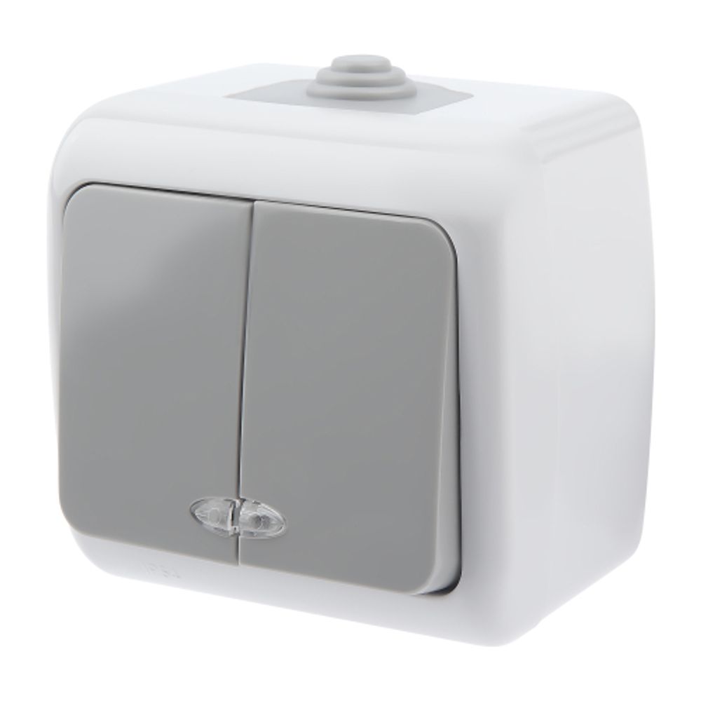 Выключатель Intro Atlantic 5-105-03 двойной с подсветкой, 10А-250В, IP54, открытой установки, серый | Intro