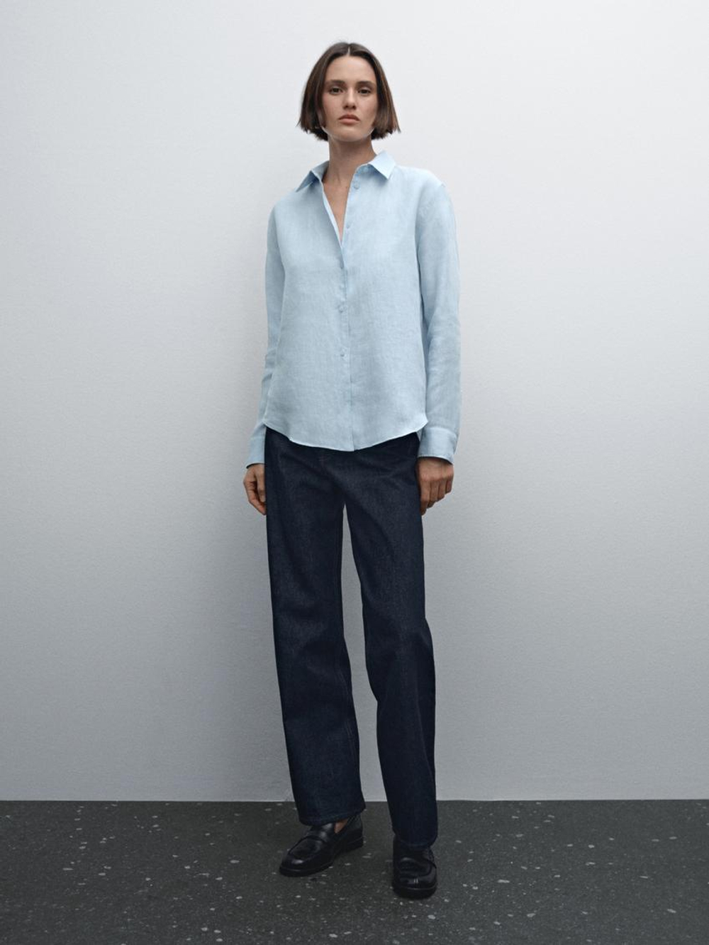 Massimo Dutti Рубашка из струящегося 100% льна, небесно-голубой