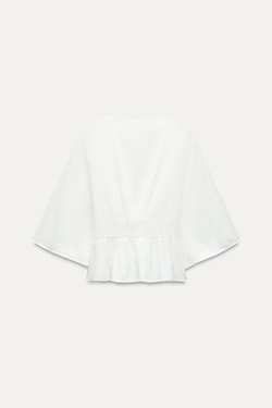 ZARA КРОП-ТОП С КРУЖЕВОМ, БЕЛЫЙ