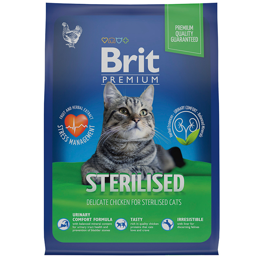 Сухой корм Brit Premium Cat Sterilized Chicken курица 2кг, для кастр.кошек 07.2025