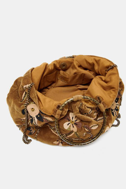 ZARA СУМКА-МЕШОК ИЗ ВЕЛЬВЕТА С ВЫШИВКОЙ, ГОРЧИЧНЫЙ