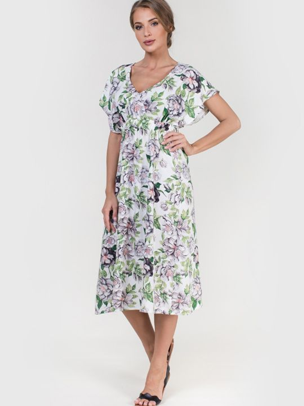 Вискозное платье со спущенным рукавом и цветочным принтом (Размер: L) (Цвет: разноцветный)