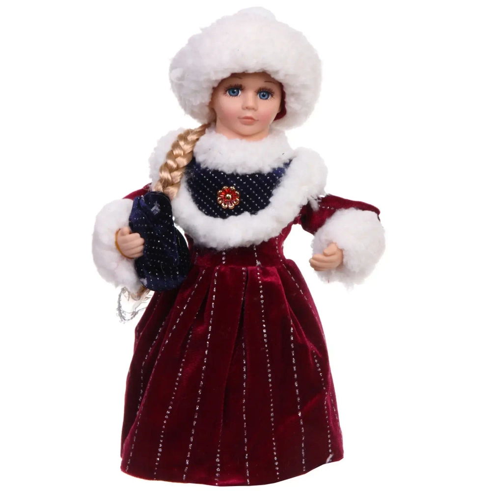 Снегурочка музыкальная «Новогодний день» 30 см в бордовой шубке