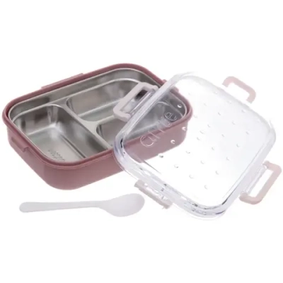 Ланч-бокс пластиковый «SEGRETO» (3отделения с ложкой) 22*17*7см пыльная роза