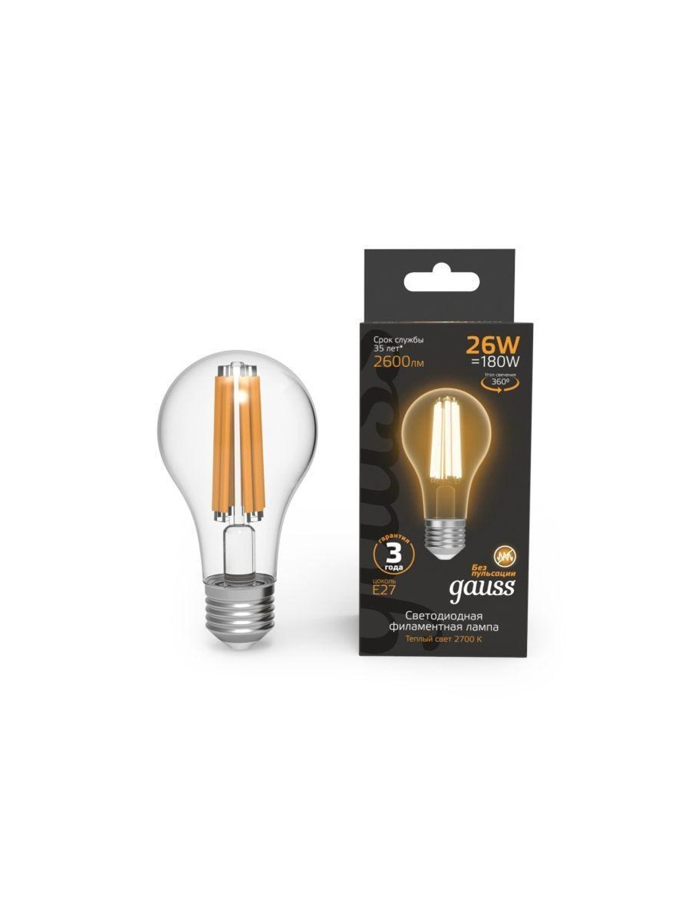 Лампа светодиодная филаментная Black Filament 26Вт A70 грушевидная 2700К тепл. бел. E27 2600лм GAUSS 102902126