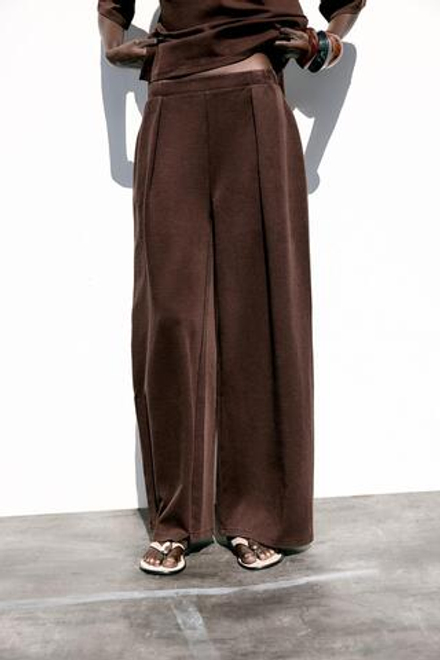 ZARA БРЮКИ ИЗ ТКАНИ С ЭФФЕКТОМ ПОТЕРТОСТИ, ТЕМНО-КОРИЧНЕВЫЙ