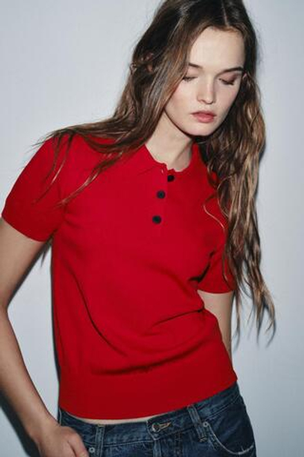 ZARA ТРИКОТАЖНЫЙ ТОП-ПОЛО С КОРОТКИМИ РУКАВАМИ, КРАСНЫЙ