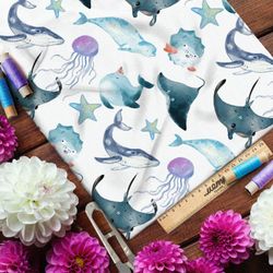 Ткань блэкаут обитатели океана на белом фоне