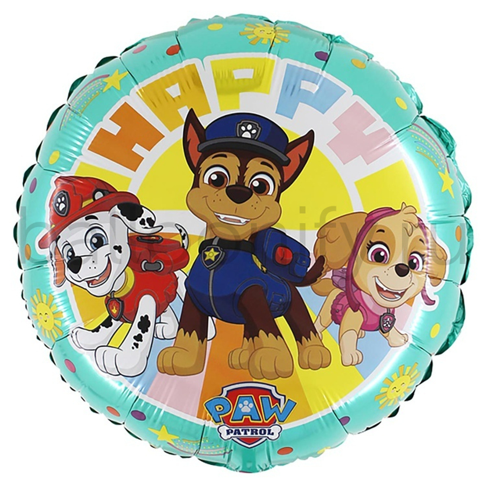 Фольгированная фигура, круг, HAPPY Щенячий Патруль,18"/46СМ