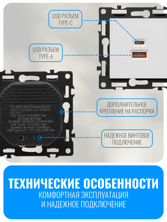 Розетка USB Type-A+C 65Вт Smart Aura серия Fusion без рамки