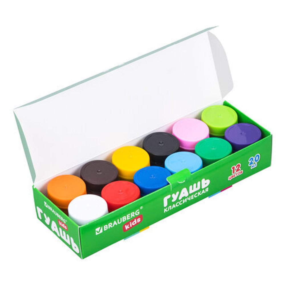 Гуашь BRAUBERG "KIDS", 12 цветов по 20 мл, 192275
