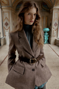 ZARA БЛЕЙЗЕР В ЕЛОЧКУ С ПОЯСОМ, РЫЖЕВАТО-КОРИЧНЕВЫЙ