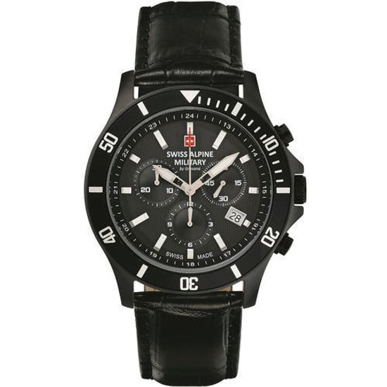 С ремешком Мужские наручные часы с черным кожаным ремешком  Swiss Alpine Military 7022.9577 chronograph 42mm 10ATM