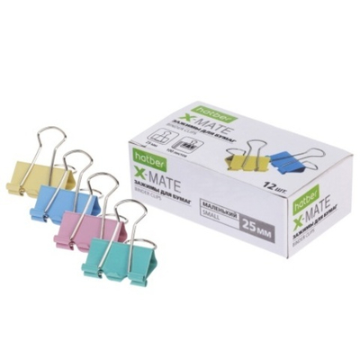 Зажимы для бумаг Hatber X-Mate, 25 мм, ассорти, металл, 12 шт
