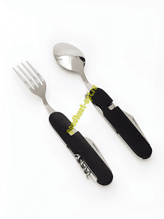 Мультитул 6в1 походный приборы: нож, вилка, ложка, открывашка Черный