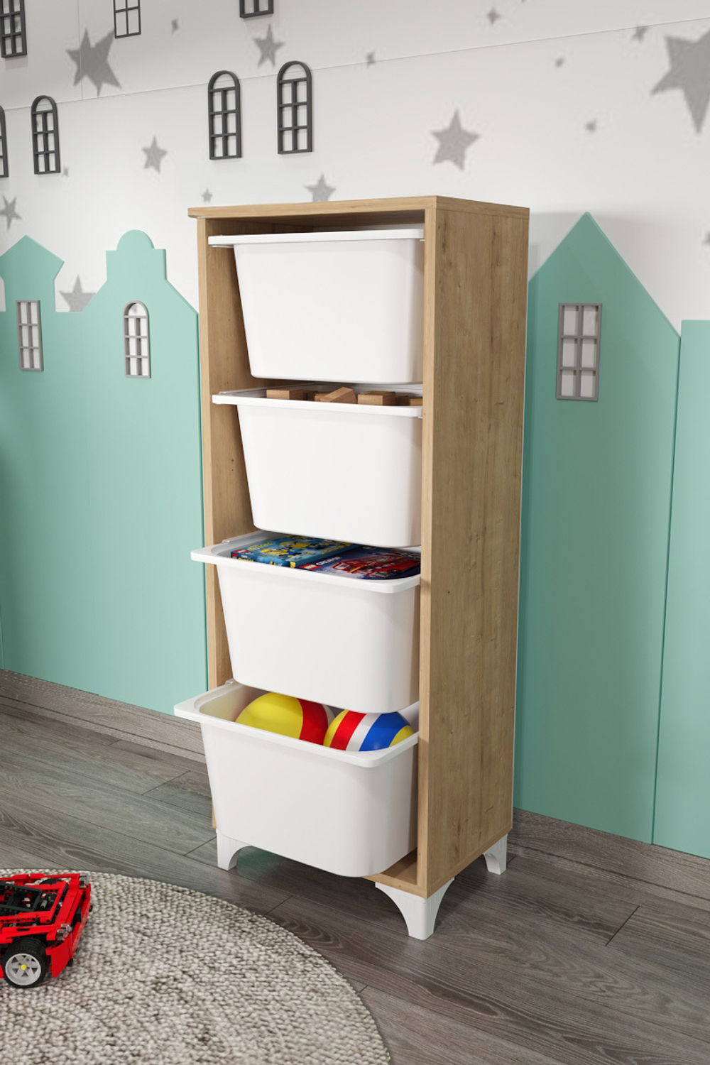 Стеллаж DORA с 4 выдвижными ящиками - дуб