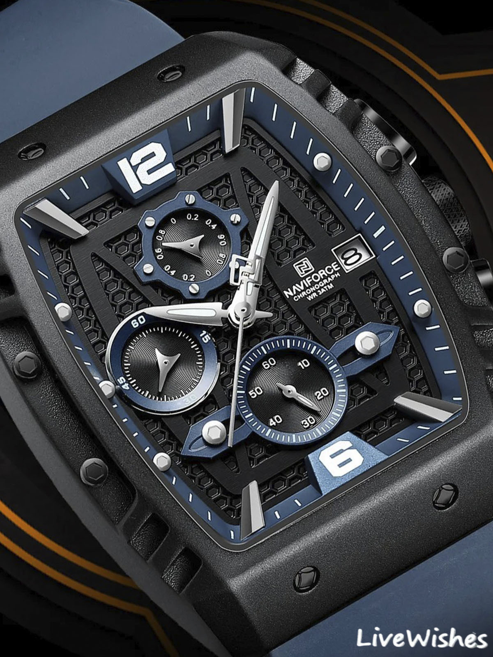 Часы наручные кварцевые NAVIFORCE на силиконовом ремешке, черный/синий W8830-02
