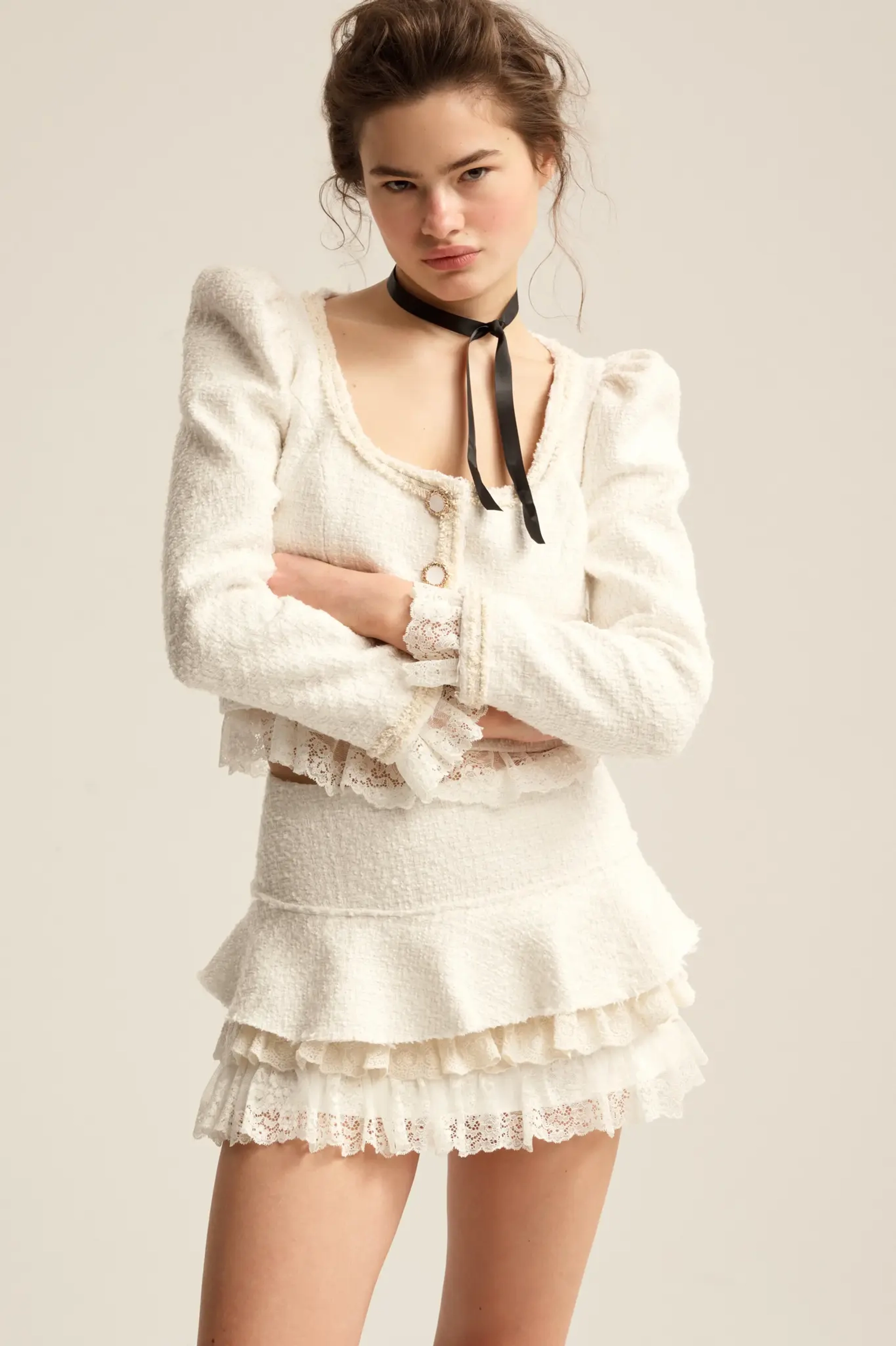 Юбка-мини из твида с оборками