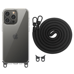 Двухкомпонентный усиленный чехол с толстым шнурком на шею черного цвета для смартфона iPhone 13 Pro