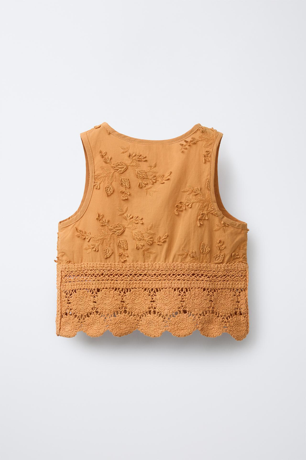 ZARA ТРИКОТАЖНЫЙ ТОП ИЗ КРУЖЕВА КРОШЕ С ВЫШИВКОЙ «ЛИСТЬЯ», ЧЕРЕПИЧНЫЙ