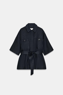 ZARA КУРТКА-САФАРИ ИЗ ЛЬНА С РЕМНЕМ, МОРСКОЙ СИНИЙ