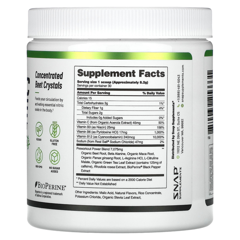 Snap Supplements, Оксид азота с органической свеклой перед тренировкой, 250 г (8,8 унции)