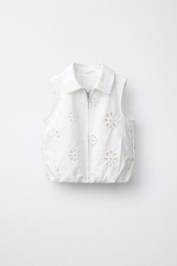 ZARA ЖИЛЕТ СО ШВЕЙЦАРСКОЙ ВЫШИВКОЙ, БЕЛЫЙ