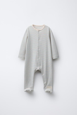 ZARA ПОЛОСАТЫЙ КОМБИНЕЗОН С ТРАНСФОРМИРУЕМЫМИ НОСКАМИ, ЭКРЮ/СИНИЙ