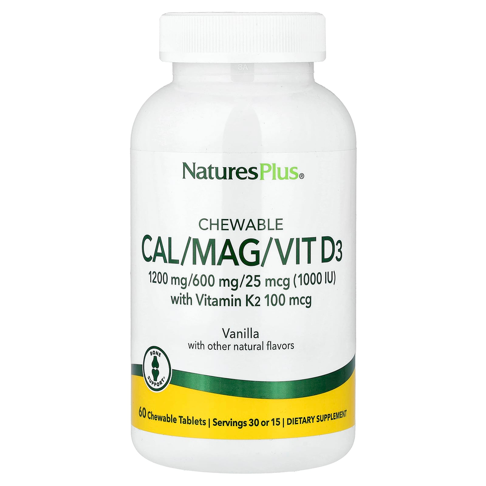 NaturesPlus, жевательные кальций, магний, витамин D3 с витамином K2, ваниль, 60 жевательных таблеток