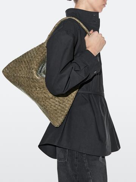 Massimo Dutti Сумка через плечо из плетеной кожи среднего размера, хаки
