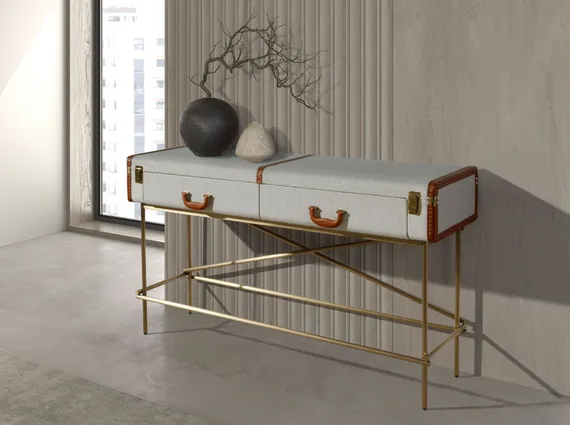 Консольный стол 3271 из шпона ореха и светло-серой ткани