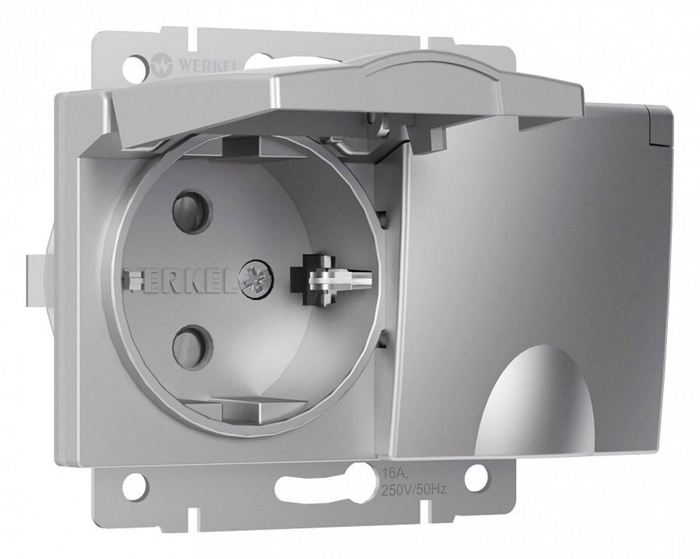 Розетка двойная влагозащищенная с заземлением и со шторками, без рамки с крышкой Werkel серебряные W1172206