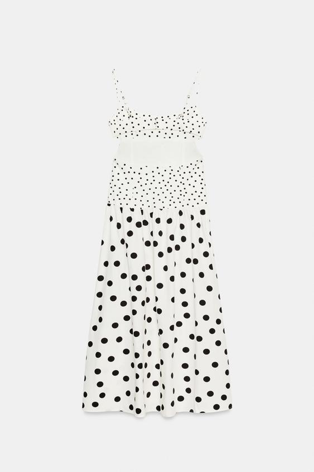 ZARA ПЛАТЬЕ МИДИ В ГОРОШЕК НА БРЕТЕЛЯХ, ЭКРЮ/ЧЕРНЫЙ