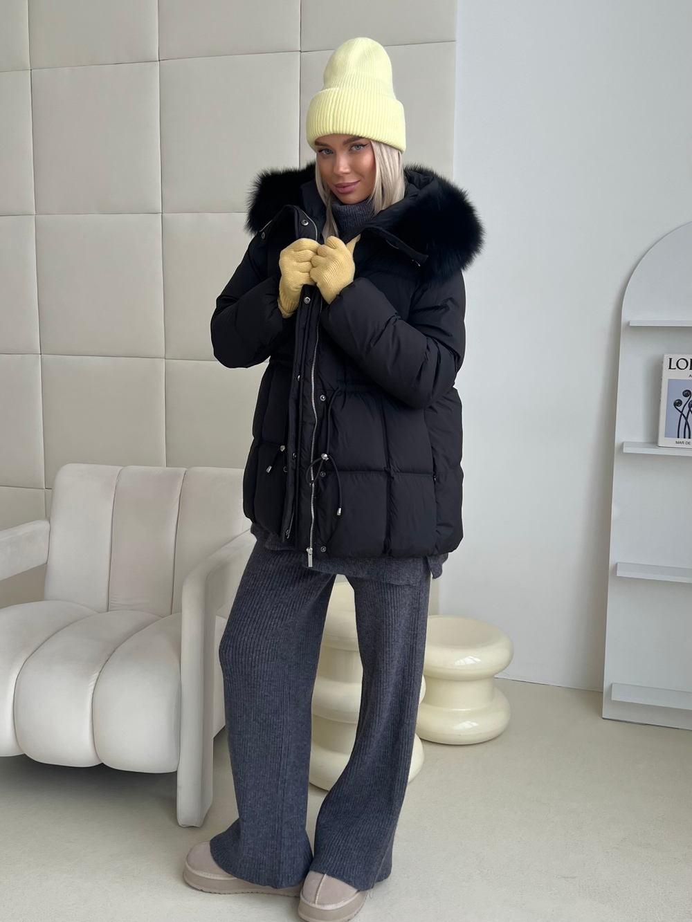 Пуховик Fresh миди с кулиской черный