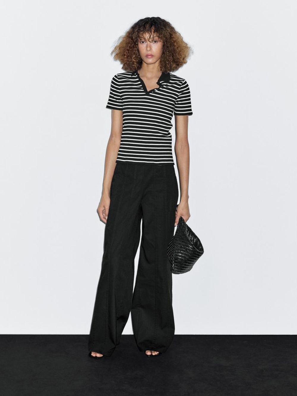 Massimo Dutti Футболка поло из смесового хлопка в полоску, черный